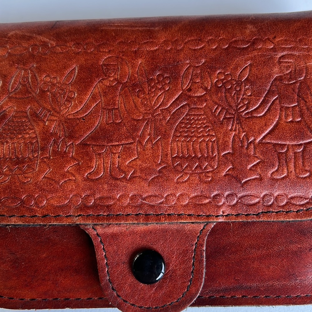 Sandalwood Cowhide Brazil change purse, crossbody beautiful embossed characters
